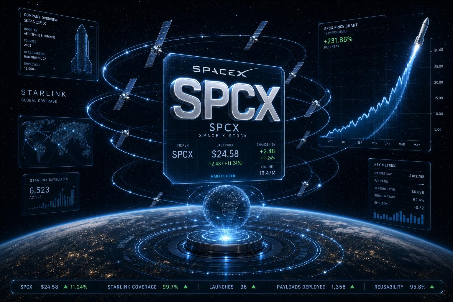 SpaceX SPCX上市:卫星轨道环绕股票走势图示意