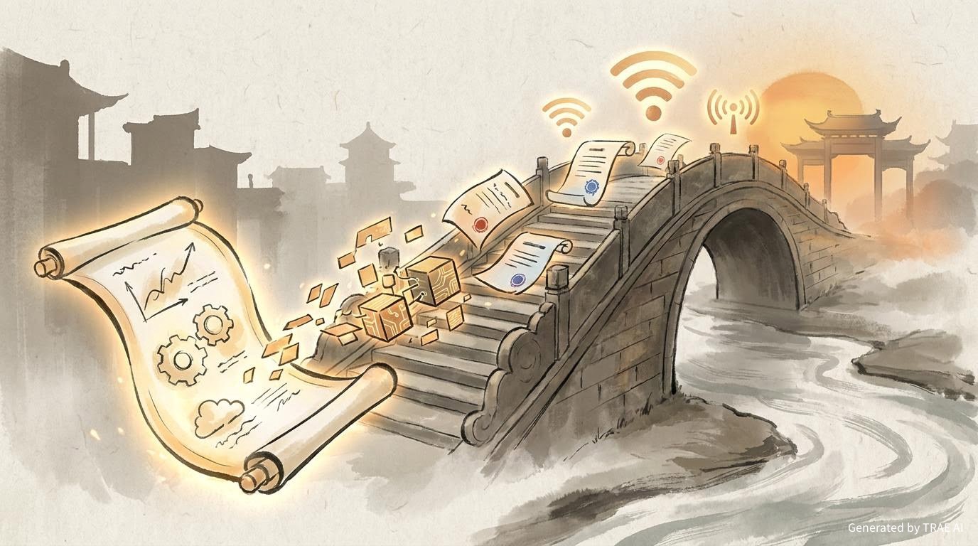從想法到交付的視覺隱喻：設計藍圖跨越橋樑，轉化為可發布成果
