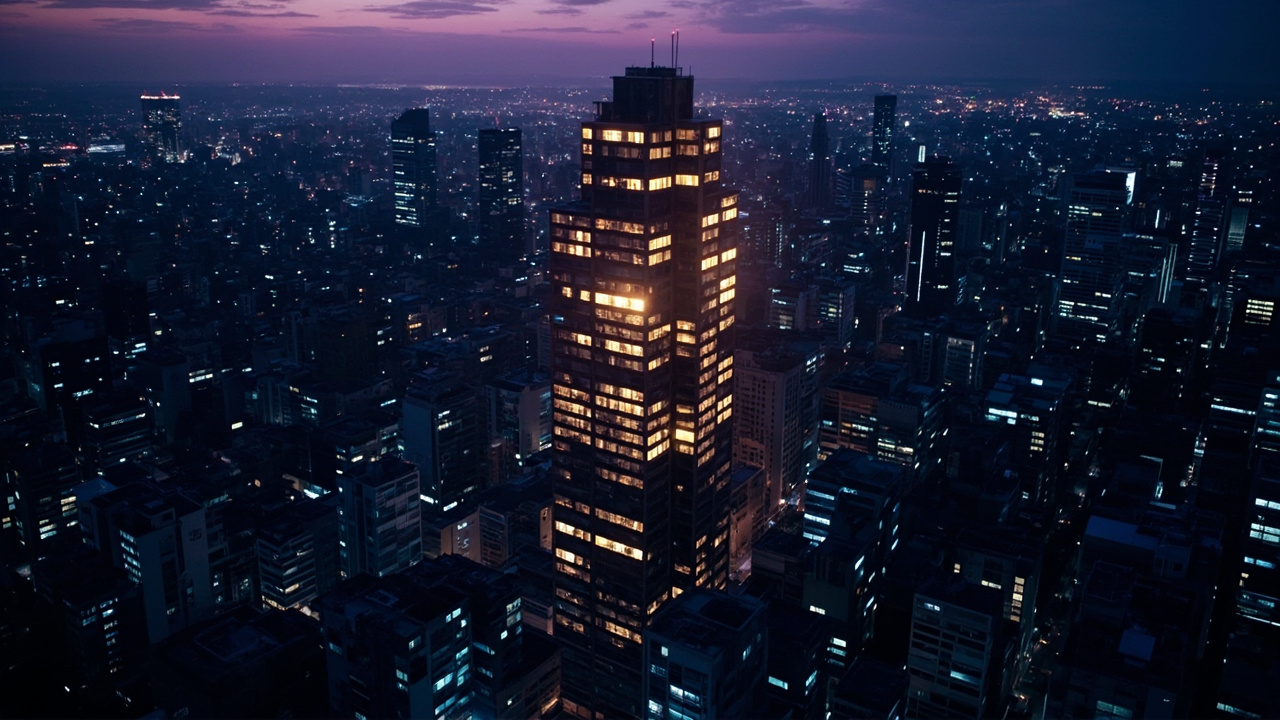 市中心高樓層夜景,窗內溫暖燈光暗示被動收入,窗外是密密麻麻的租屋族窗戶,展現資產階級的隱形轉移